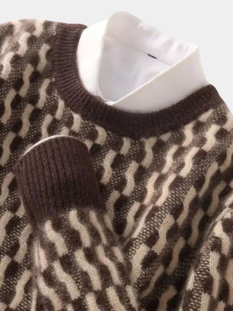 100% Wool Geometric Crew Neck Pullover Sweater - Cross & Crown - Cross & Crown