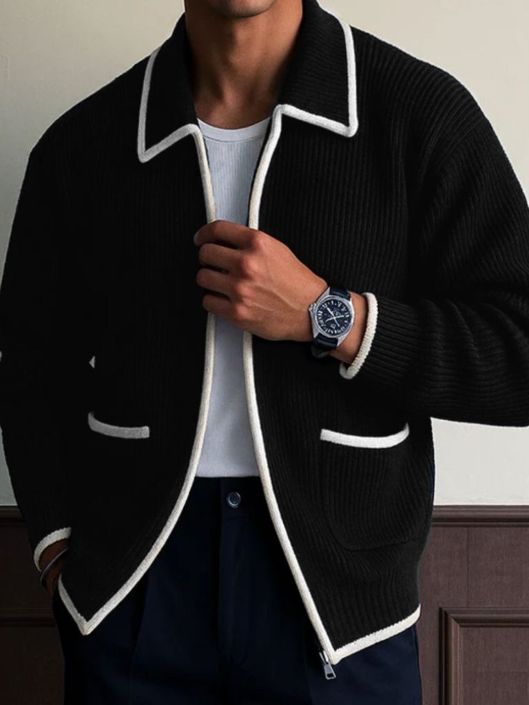 Black Riviera Retro Contrast Knit Cardigan - Cross and Crown