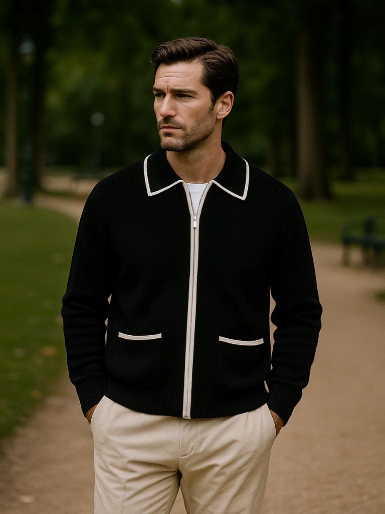 Black Riviera Retro Contrast Knit Cardigan - Cross and Crown