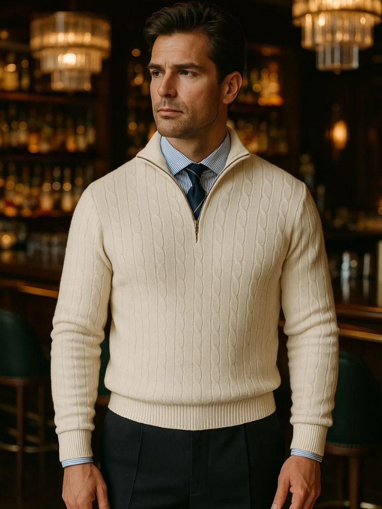 Cable - Knit Zip Neck Sweater - Cross & Crown - Cross & Crown