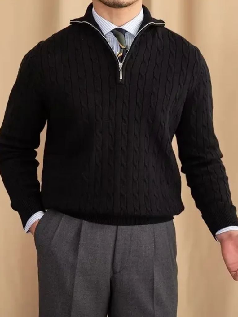 Cable - Knit Zip Neck Sweater - Cross & Crown - Cross & Crown