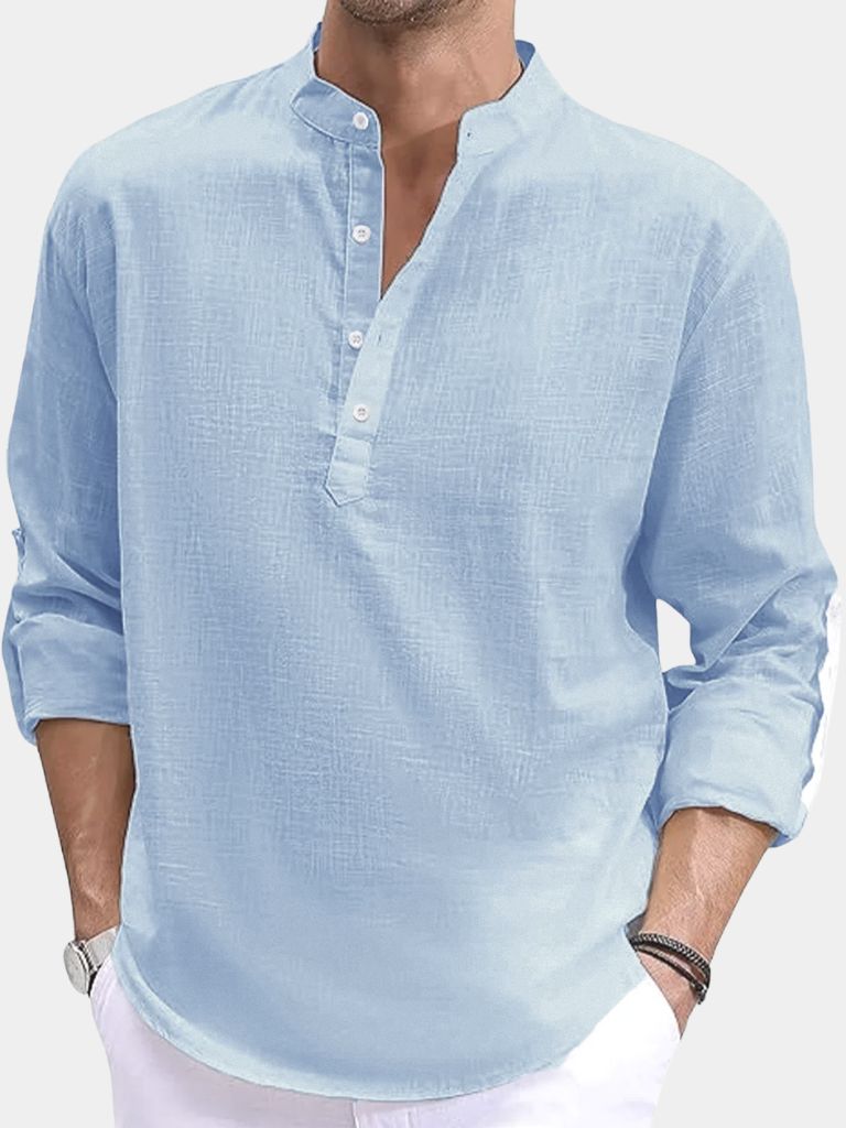 Casual Henry Neck Long Sleeve T-Shirt - Cross & Crown - Cross & Crown