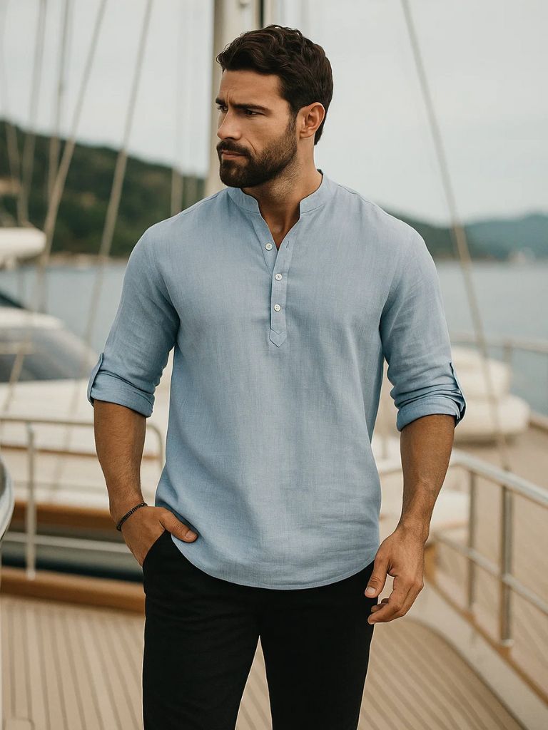 Casual Henry Neck Long Sleeve T-Shirt - Cross & Crown - Cross & Crown
