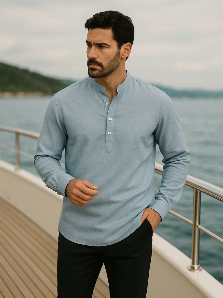 Casual Henry Neck Long Sleeve T-Shirt - Cross & Crown - Cross & Crown