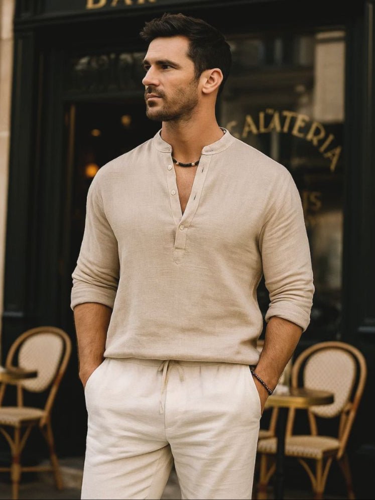 Casual Henry Neck Long Sleeve T-Shirt - Cross & Crown - Cross & Crown