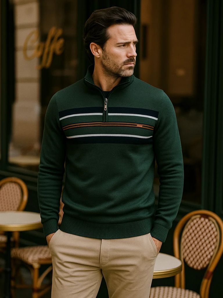 Knit Striped Quarter - Zip Jumper Sweater - Cross & Crown - Cross & Crown