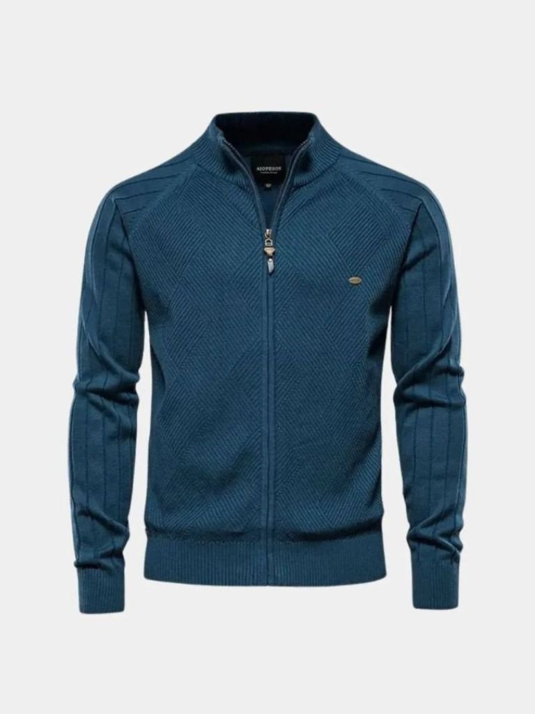 Knit Zipper Jacquard Solid Color Cardigan Sweater - Cross & Crown - Cross & Crown