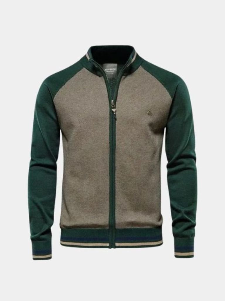 Zipper Color Block Standing Collar Cardigan Sweater - Cross & Crown - Cross & Crown