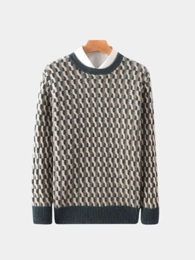 100% Wool Geometric Crew Neck Pullover Sweater - Cross & Crown - Cross & Crown