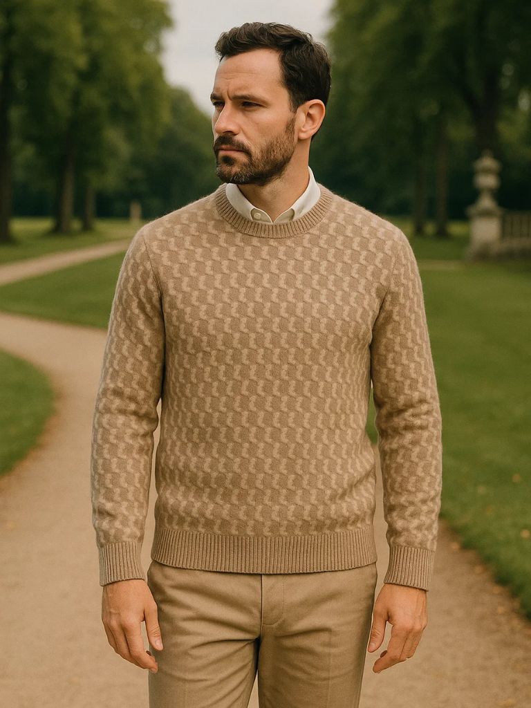 100% Wool Geometric Crew Neck Pullover Sweater - Cross & Crown - Cross & Crown