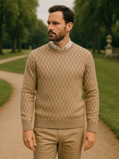 100% Wool Geometric Crew Neck Pullover Sweater - Cross & Crown - Cross & Crown