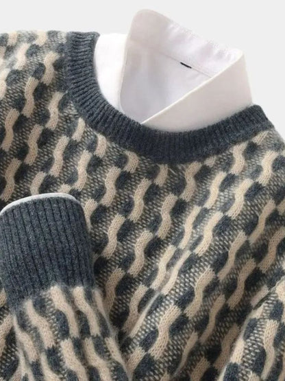 100% Wool Geometric Crew Neck Pullover Sweater - Cross & Crown - Cross & Crown