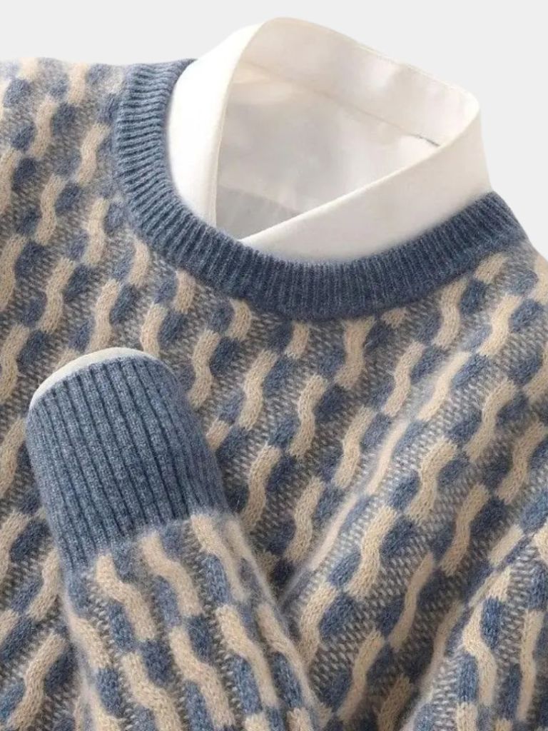 100% Wool Geometric Crew Neck Pullover Sweater - Cross & Crown - Cross & Crown
