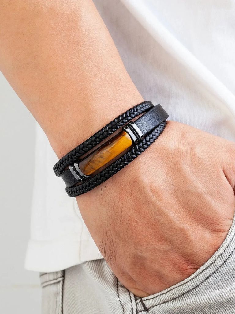 Natural Lucky Stone Leather Bracelet - Cross & Crown