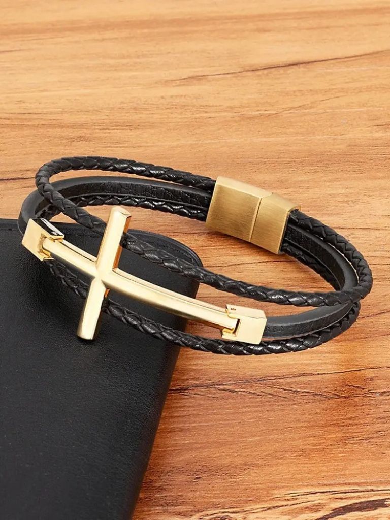 Multi Layer Steel Cross Leather Bracelet - Cross & Crown