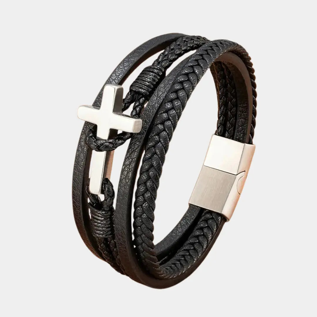 XQNI Punk Stainless Steel Bracelet for Men Multi-Layer Leather Cross Design Black Leather Wristband Bangle for Christian Jewelry Cross & Crown