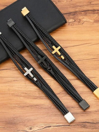 Multi Layer Steel Cross Leather Bracelet - Cross & Crown