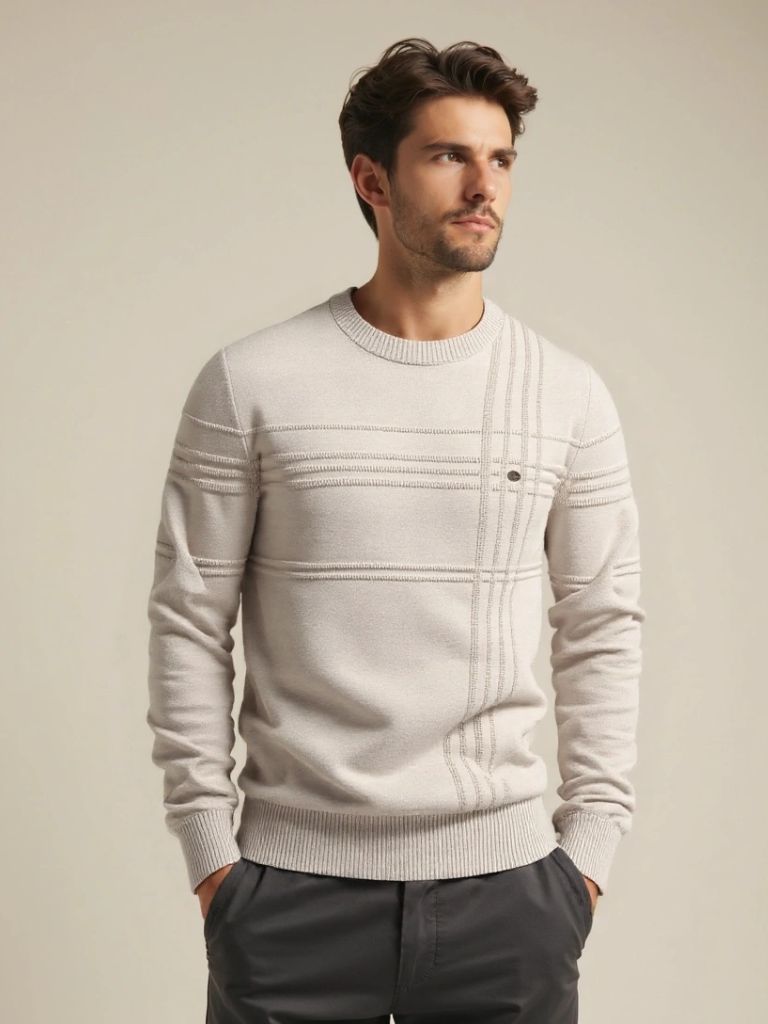 Cotton Knitted Stripped Crew Neck Pullover Sweater - Cross & Crown