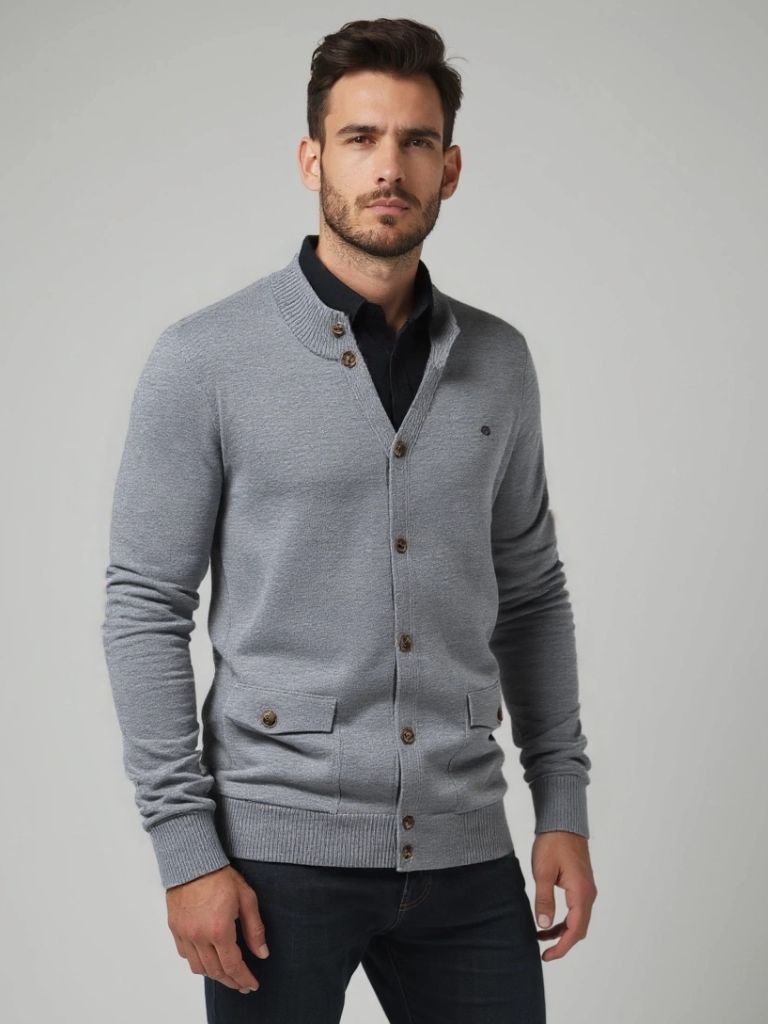 Knitted Stand Collar Cotton Cardigan - Cross & Crown