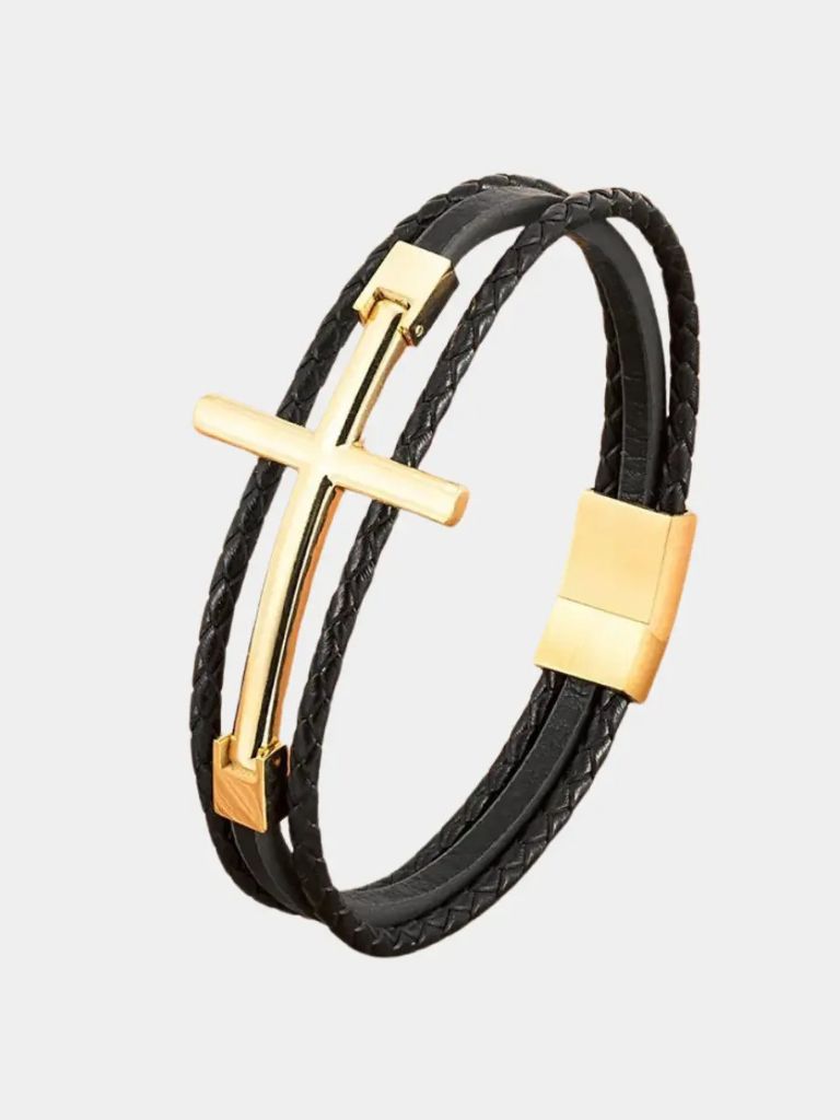 Multi Layer Steel Cross Leather Bracelet - Cross & Crown