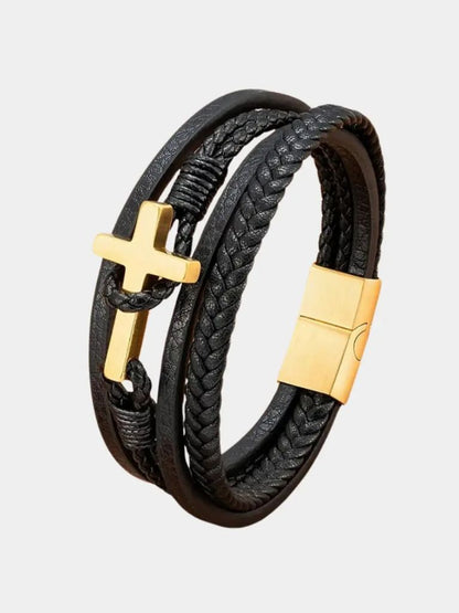Multi Layer Steel Cross Leather Bracelet - Cross & Crown