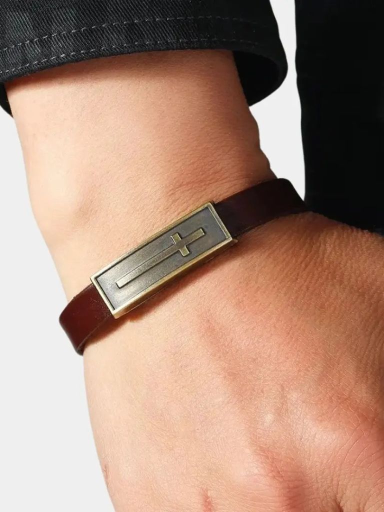 Minimalist Leather Cross Bracelet - Cross & Crown