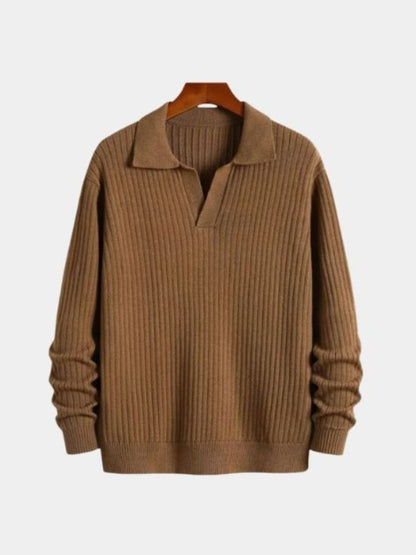 V-Neck Polo Sweater Ribbed - Cross & Crown