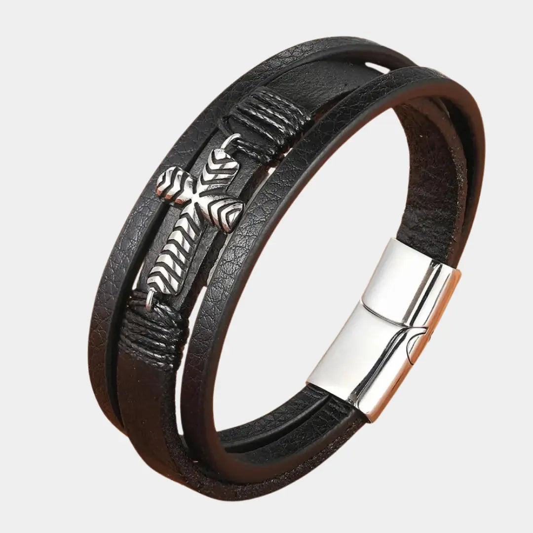 XQNI Punk Stainless Steel Bracelet for Men Multi-Layer Leather Cross Design Black Leather Wristband Bangle for Christian Jewelry Cross & Crown