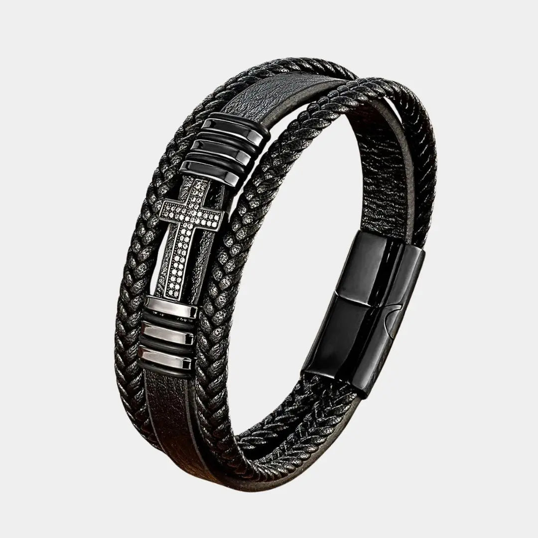 Classic Jesus Cross Charm Cubic Zirconia Men Bracelet Black Woven Leather Rope Chain Bracelets For Women Stainless Steel Jewelry Cross & Crown