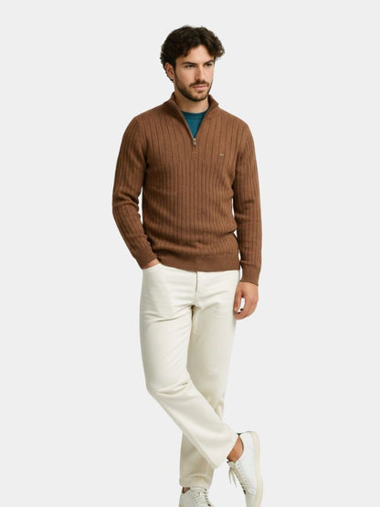Cotton Knit Vertical Stripes Quarter-Zip Sweater - Cross & Crown