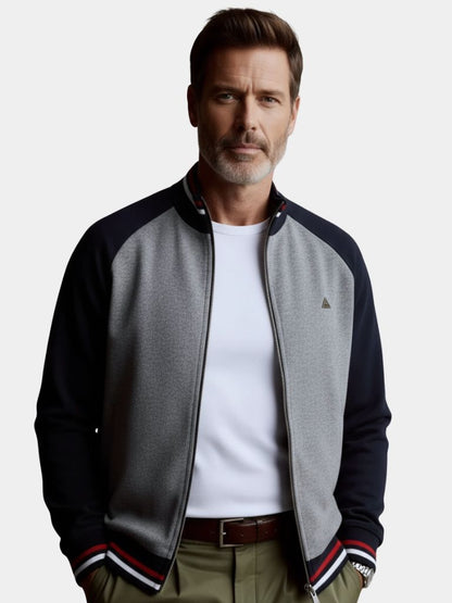 Zipper Color Block Standing Collar Cardigan Sweater - Cross & Crown