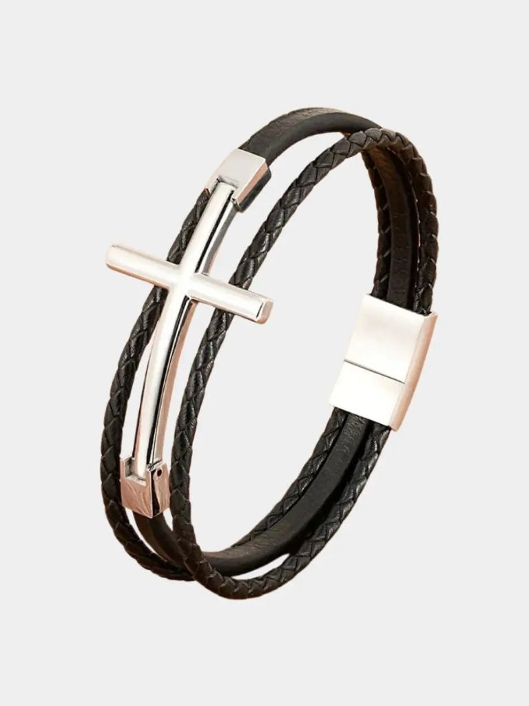 Multi Layer Steel Cross Leather Bracelet - Cross & Crown