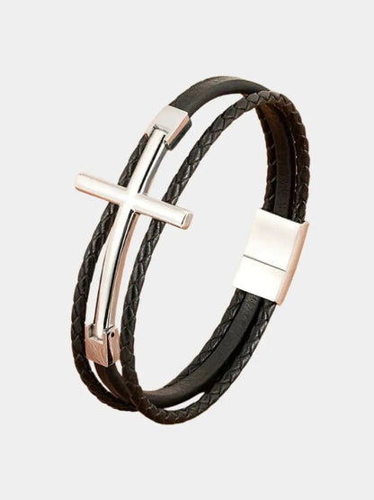 Multi Layer Steel Cross Leather Bracelet - Cross & Crown
