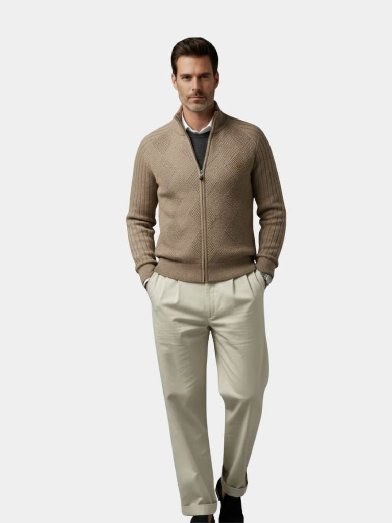 Knit Zipper Jacquard Solid Color Cardigan Sweater - Cross & Crown