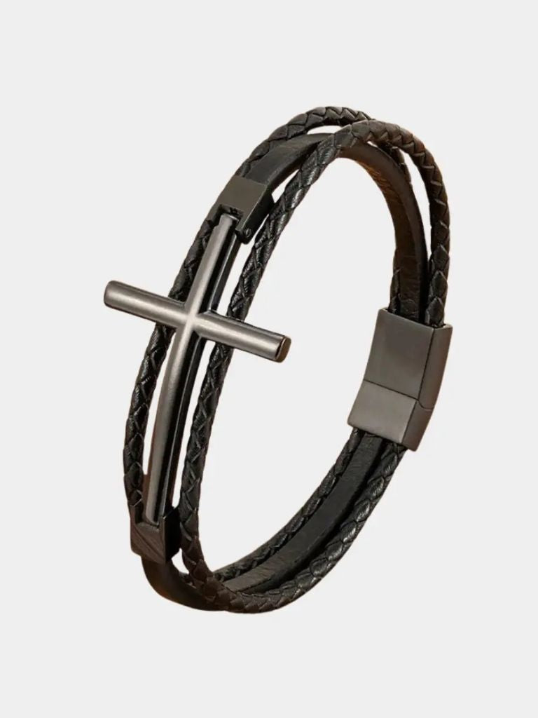 Multi Layer Steel Cross Leather Bracelet - Cross & Crown