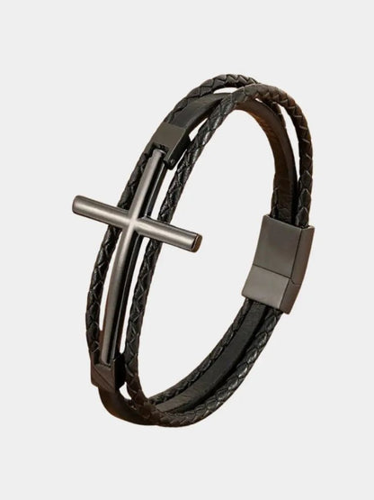Multi Layer Steel Cross Leather Bracelet - Cross & Crown