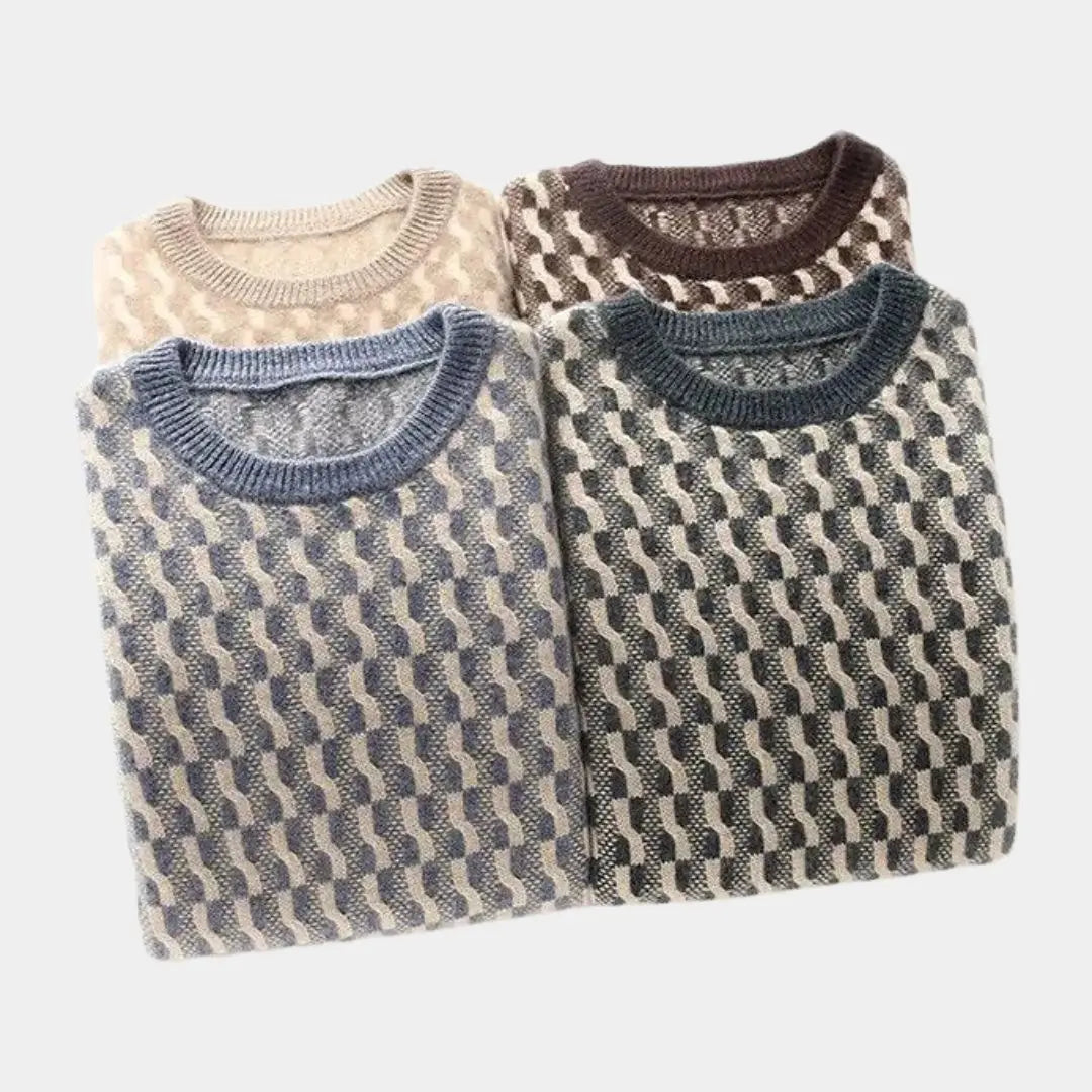 100% Wool Geometric Crew Neck Pullover Sweater - Cross & Crown Cross & Crown