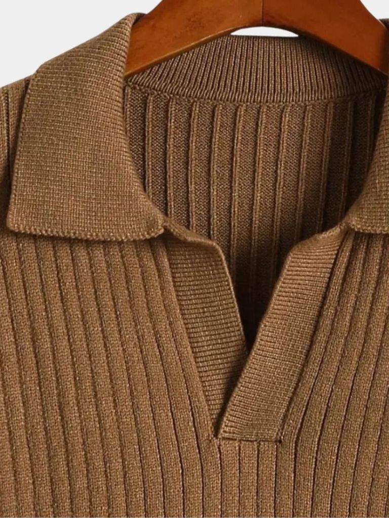 V-Neck Polo Sweater Ribbed - Cross & Crown