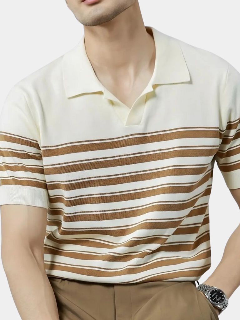 Classic Knit Striped Mesh Polo Shirt - Cross & Crown