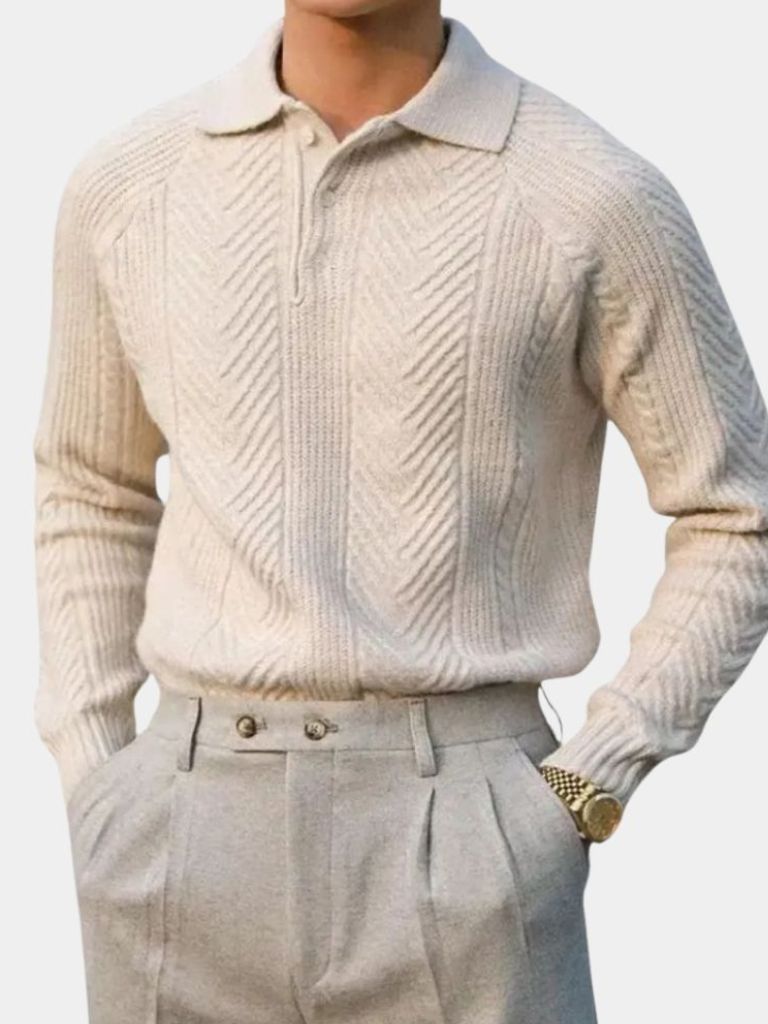 Long Sleeve Knitted Polo Sweater - Cross & Crown