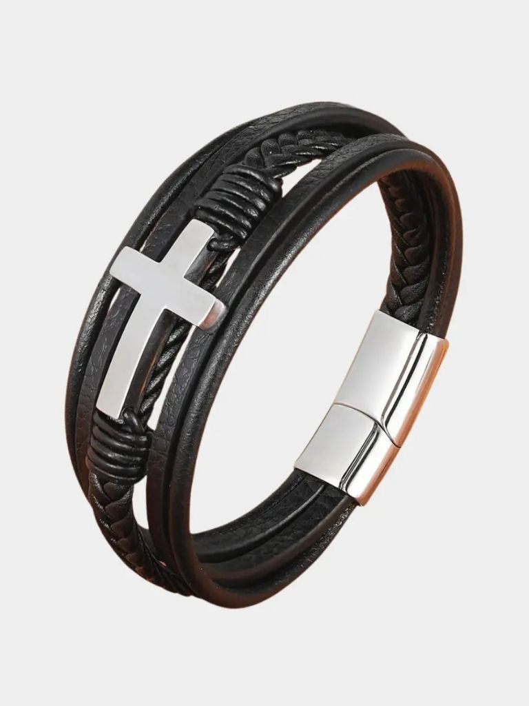 Multi Layer Steel Cross Leather Bracelet - Cross & Crown