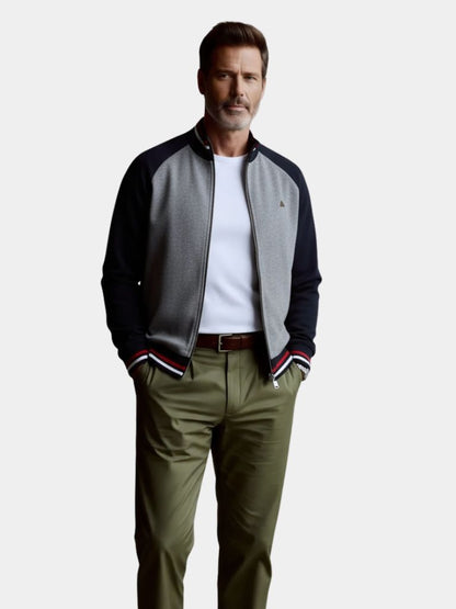 Zipper Color Block Standing Collar Cardigan Sweater - Cross & Crown