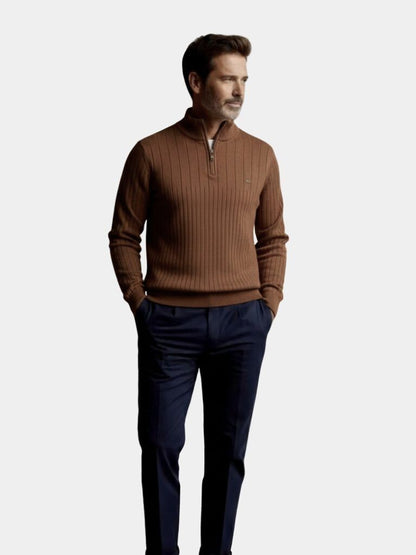 Cotton Knit Vertical Stripes Quarter-Zip Sweater - Cross & Crown