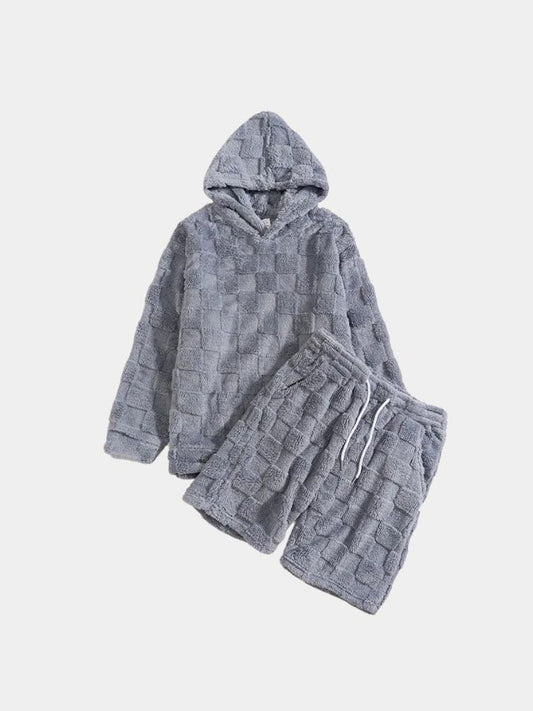 Neues, schmal geschnittenes, lässiges Herren-Set mit Rundhalsausschnitt, langen Ärmeln, Shorts, quadratischem Karomuster und Fellbesatz, personalisierbar für Herbst und Winter