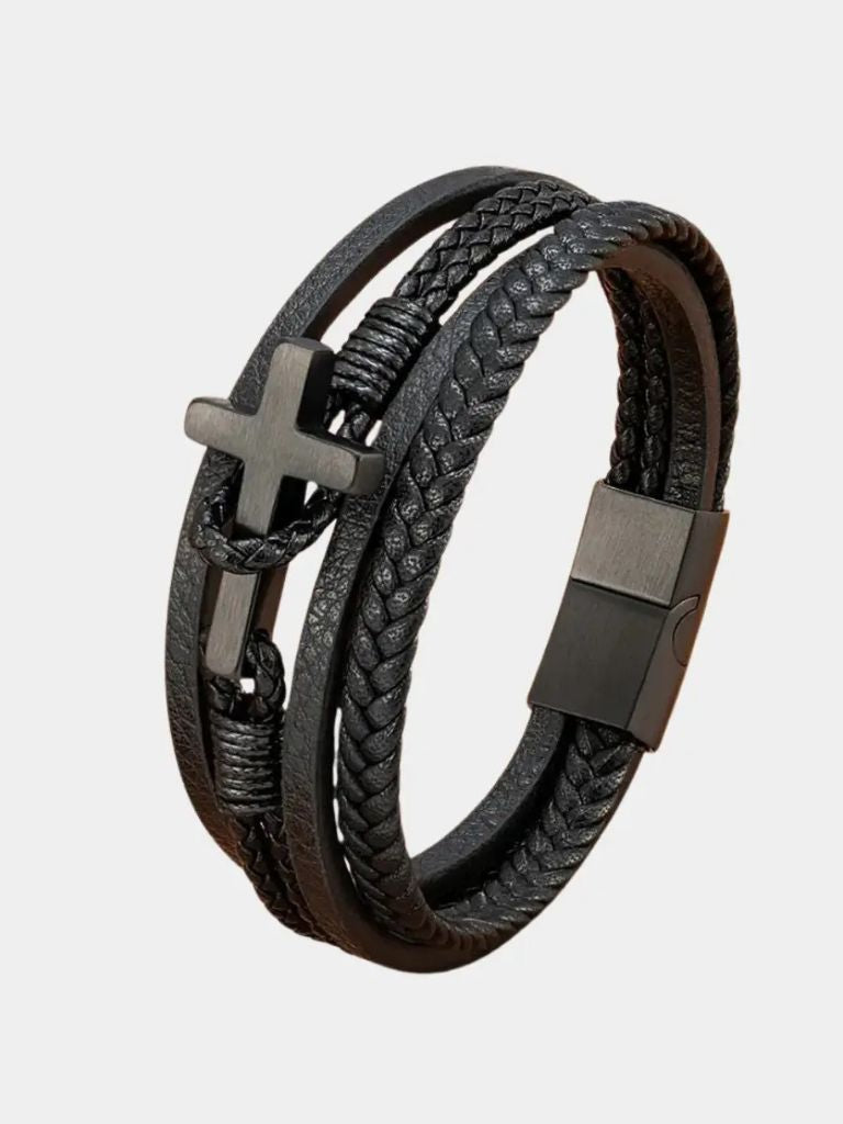 Multi Layer Steel Cross Leather Bracelet - Cross & Crown