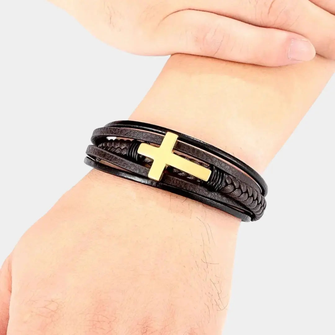 Multi Layer Cross Leather Bracelet - Cross & Crown Cross & Crown