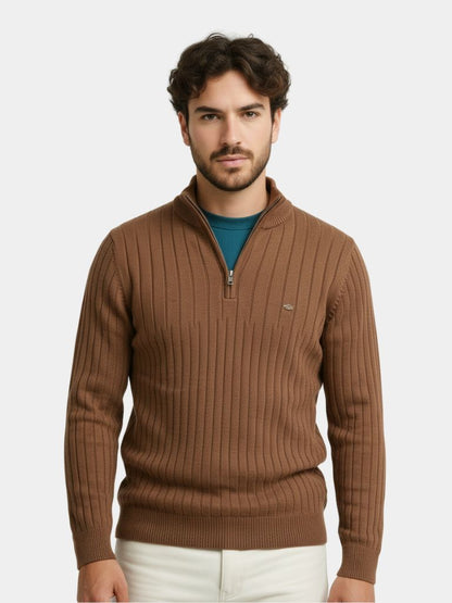 Cotton Knit Vertical Stripes Quarter-Zip Sweater - Cross & Crown