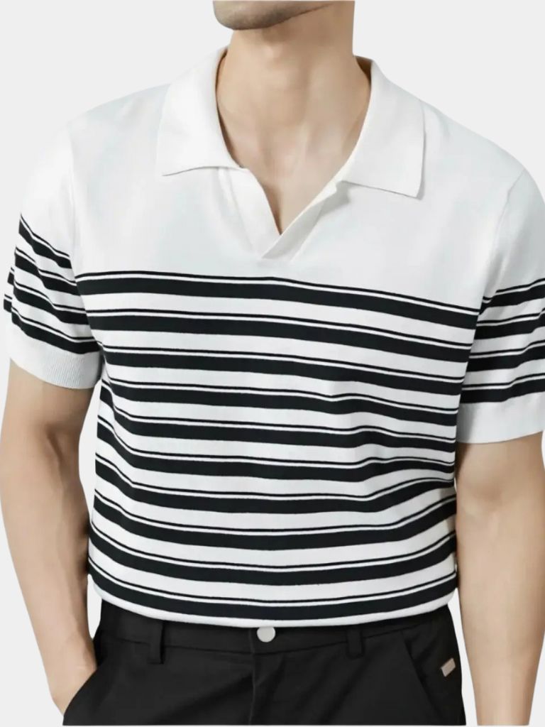 Classic Knit Striped Mesh Polo Shirt - Cross & Crown