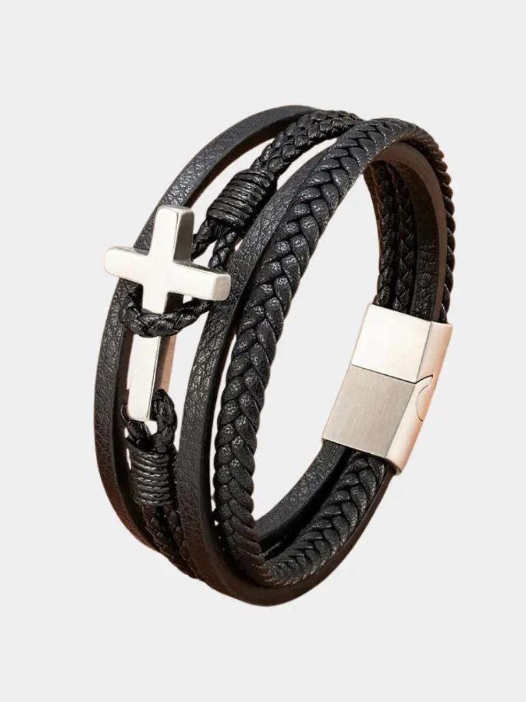 Multi Layer Steel Cross Leather Bracelet - Cross & Crown