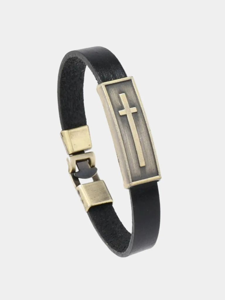 Minimalist Leather Cross Bracelet - Cross & Crown